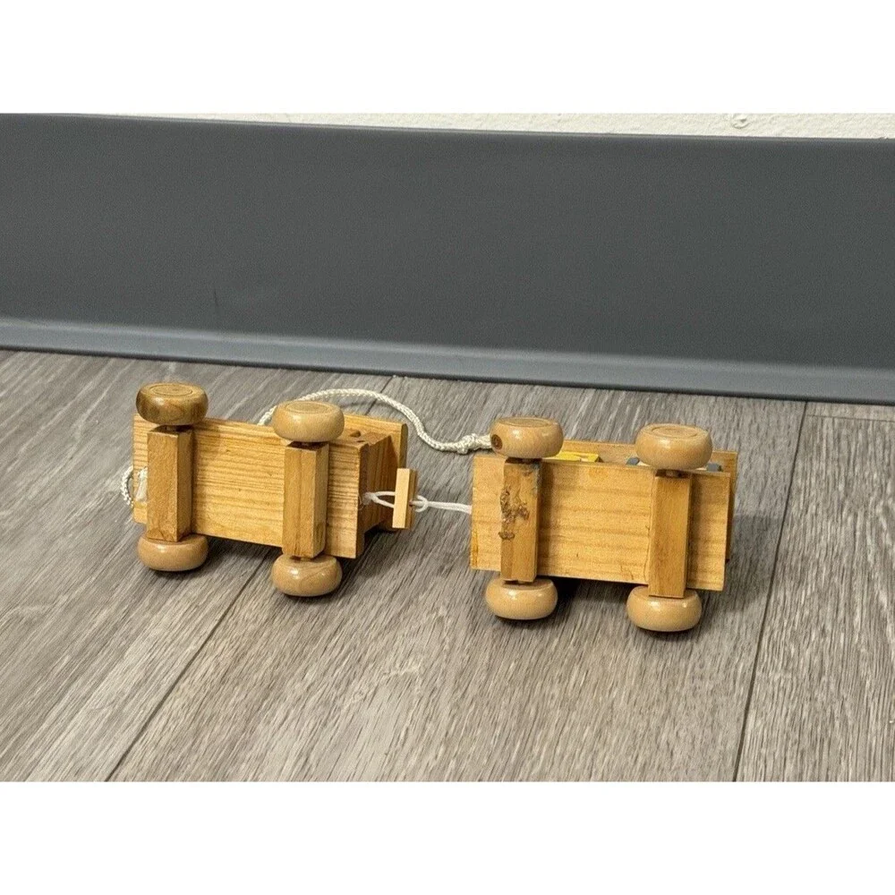 VINTAGE HAND MADE WOODEN TRAIN & CAR WITH BLOCKS STURDY Pull Toy